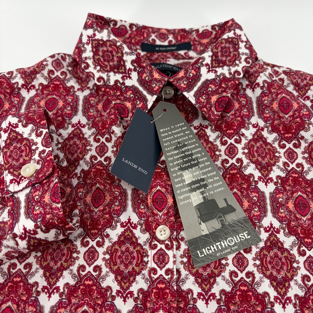 Lands' End Lighthouse Women's Button-Up 3/4 Sleeve Shirt Red Paisley Size 6 NEW